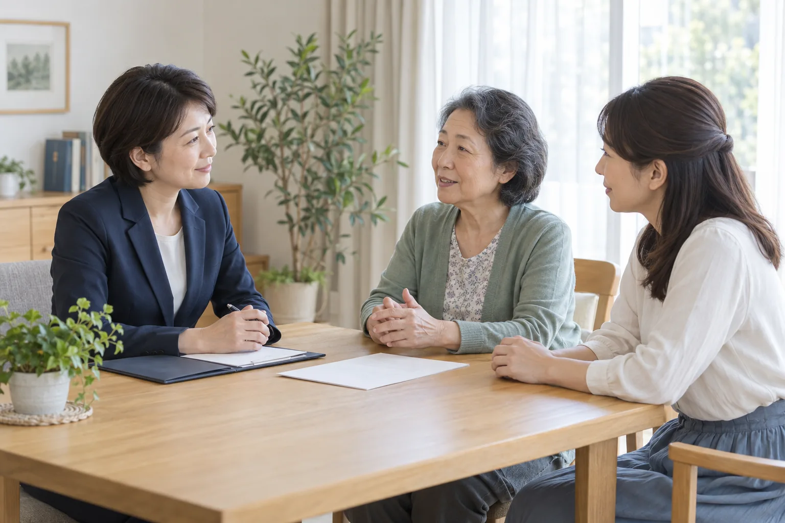 相談員とテーブルを囲み、話をする家族（AI生成イメージ）