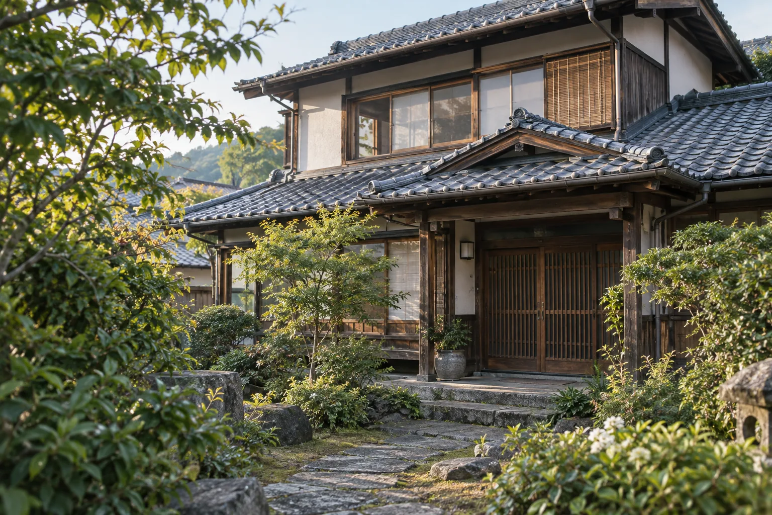 緑の庭と瓦屋根のある日本の住まい（AI生成イメージ）