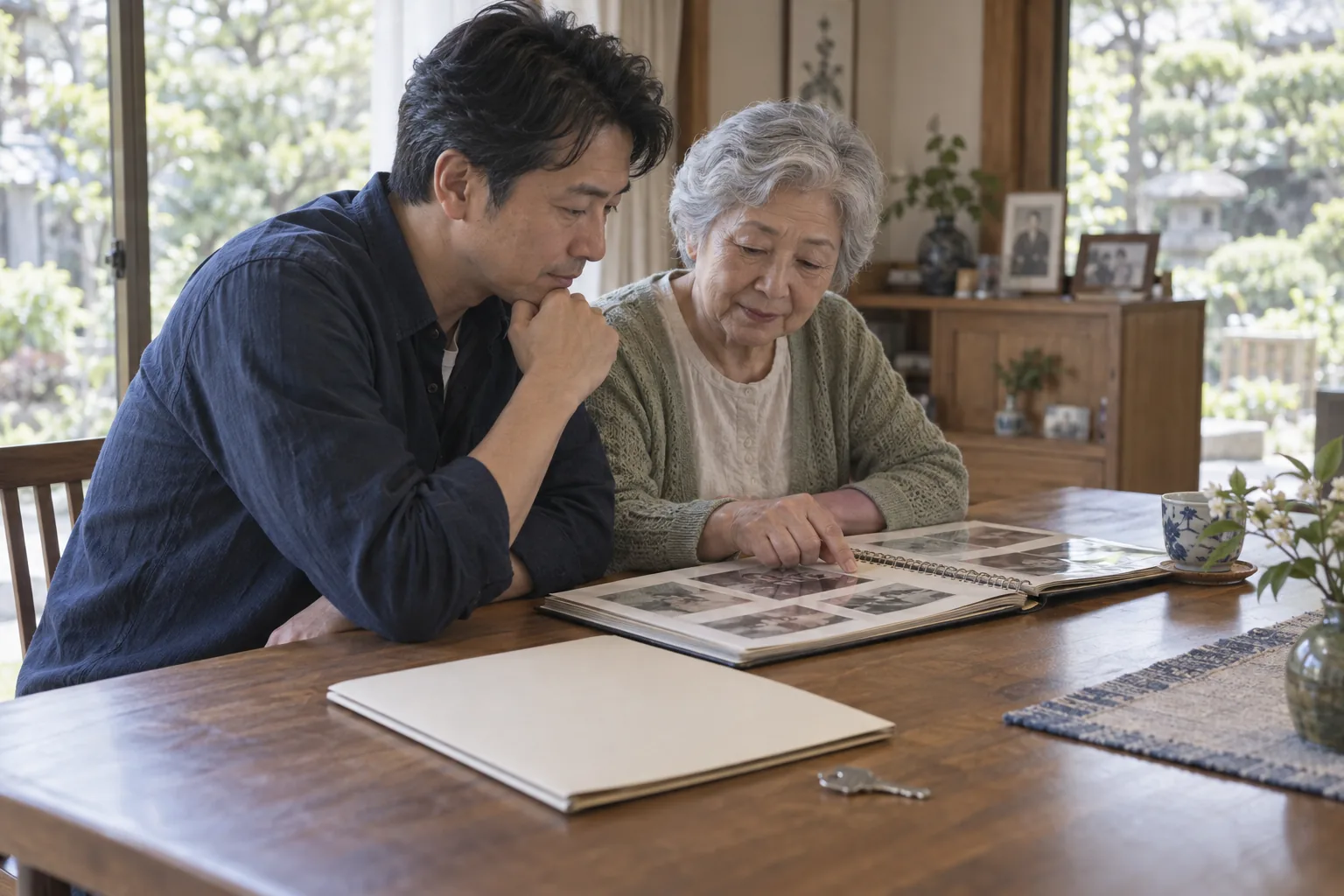 自宅でアルバムを見ながら話す親子（AI生成イメージ）