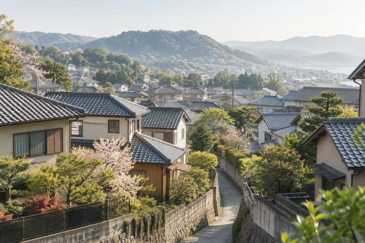 緑と瓦屋根の家々が連なる住宅地（AI生成イメージ）