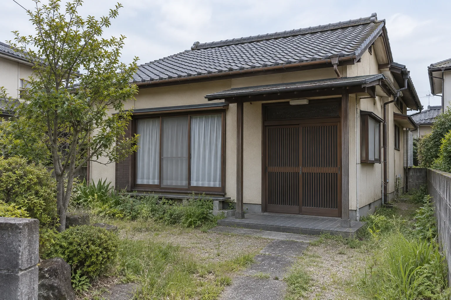 庭木に囲まれた一戸建ての外観（AI生成イメージ）